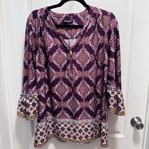 Roz & Ali V-neck Zip 3/4 Bell Sleeve Purple Tunic Top Boho Flowy Stretch, size L